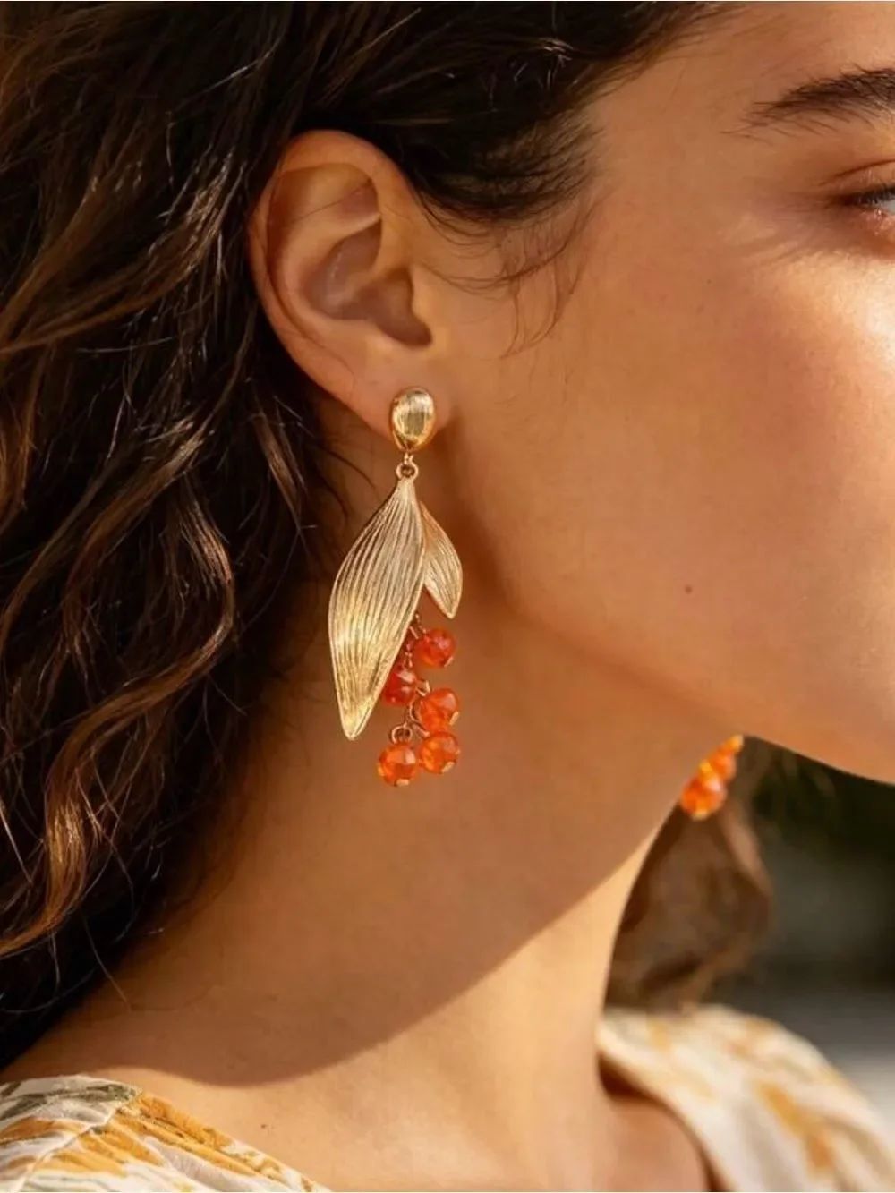 Gold Leaf Earrings with Orange Accents A2127